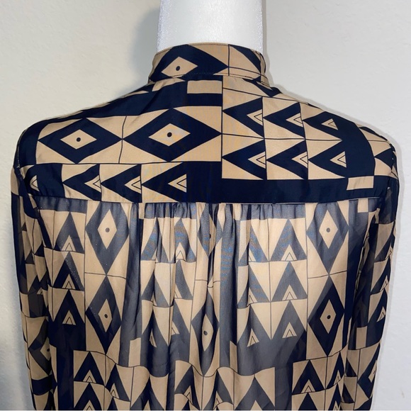 Zoa New York Anthropologie Blue Tan Sheer Geometric Print Long-Sleeve Small - Picture 5 of 6
